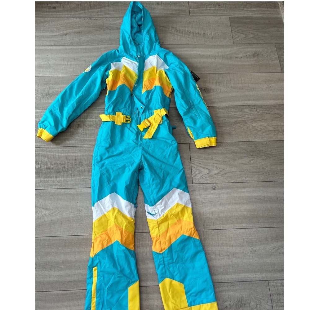 Tipsy Elves Sun Cruiser Ski Suit Teal Yellow Chevron Snow Suit Small NWT